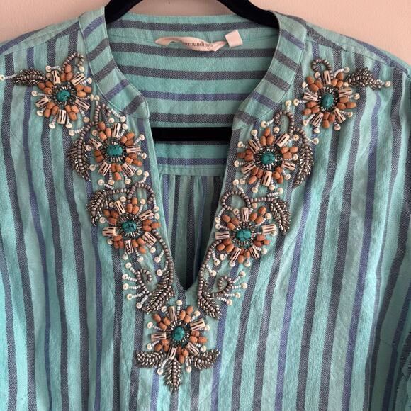 Soft Surroundings Striped Beaded Tunic Blue Shirttail Hem Roll Tab Sleeve Sz L - Picture 1 of 5